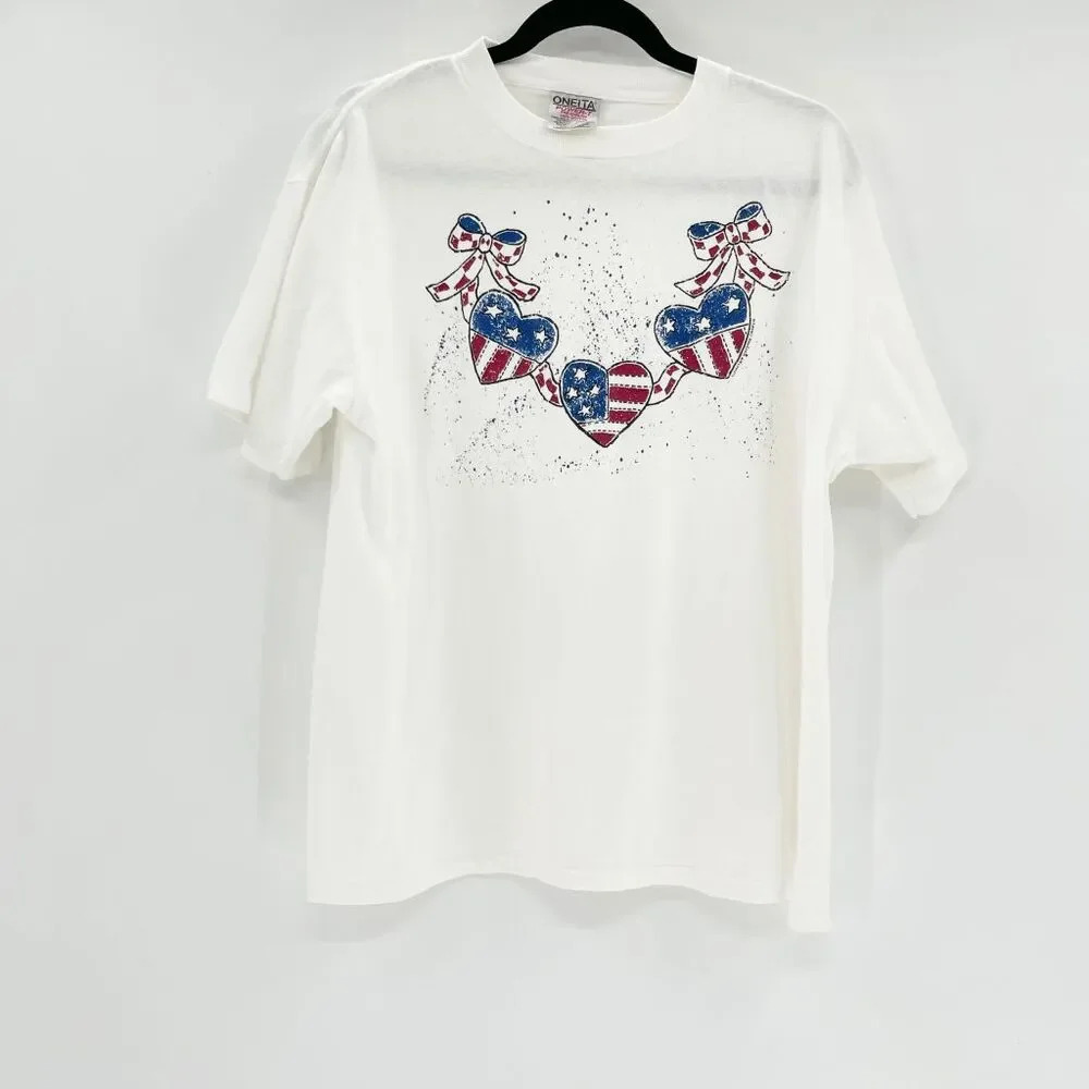 Vintage American Flag T Shirt Womens Size L White Ribbon Heart Crew Neck USA